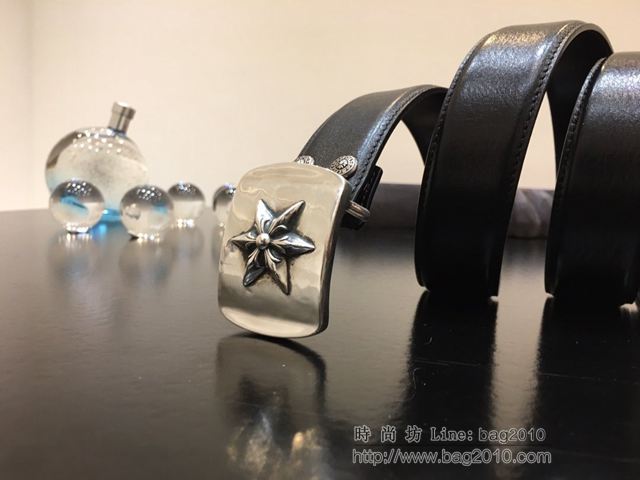 chrome hearts皮帶 克羅心黑色男皮帶 克羅心925純銀皮帶扣  gjc1968